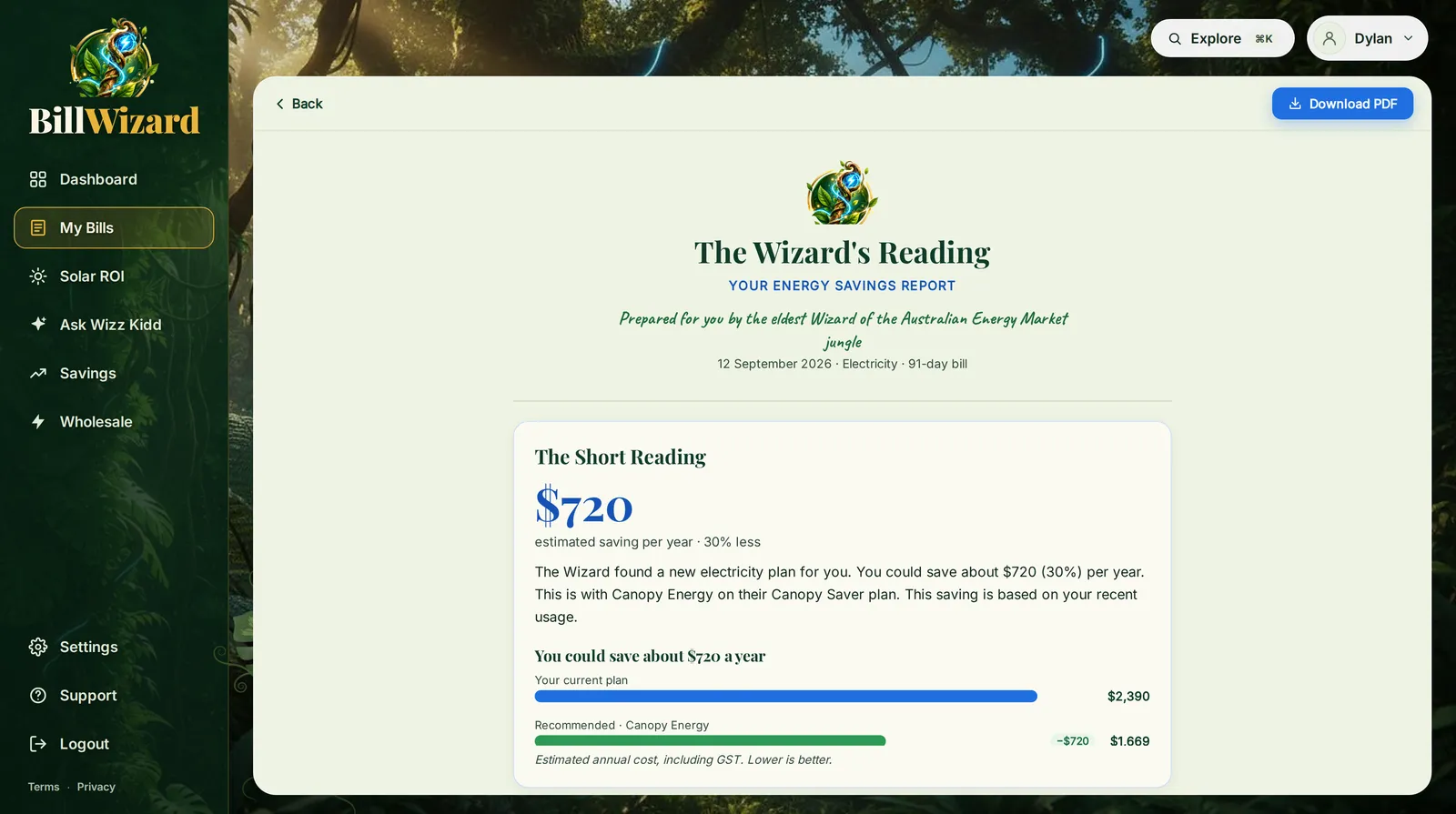 The Wizard's Reading, the energy savings report: an estimated saving of $720 a year (30% less), the recommended plan, and your current plan's yearly cost of $2,390 against $1,669.