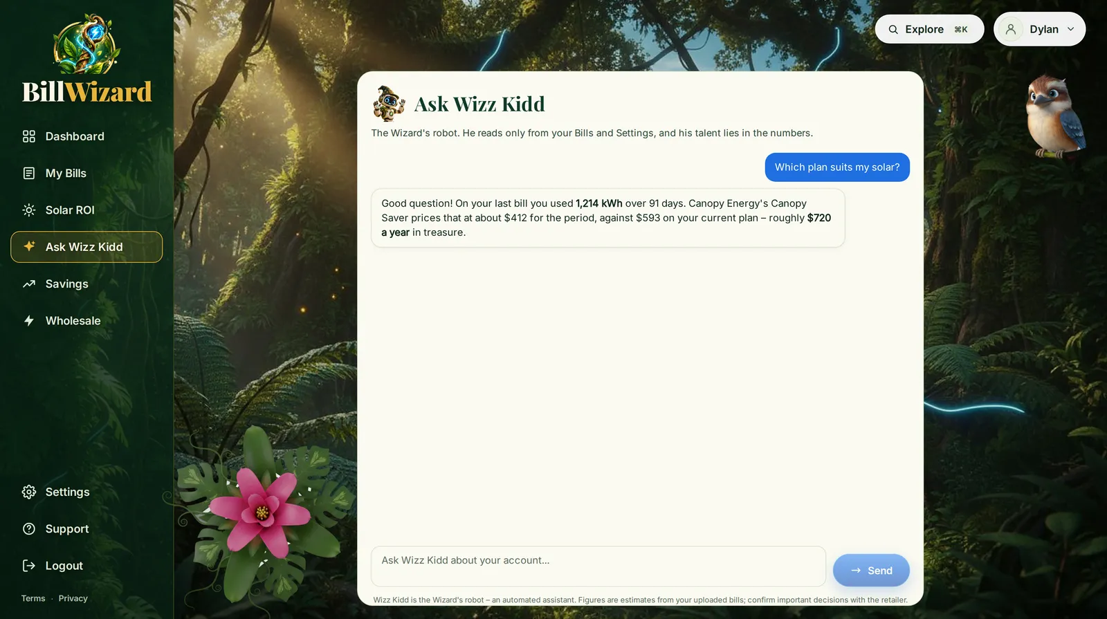 Ask Wizz Kidd: the question 'Which plan suits my solar?' and the answer, worked from the bill's 1,214 kWh over 91 days, about $720 a year less on a cheaper plan.